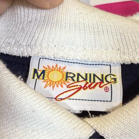 Morning Sun, Blue Polo T-Shirt with White Collar and Butterfly Design. Size Med! - Picture 4 of 7